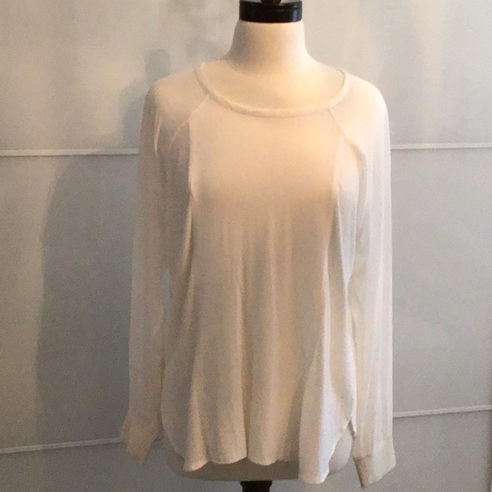 Athleisure Mixed Media White Women's Top with Sheer Sleeves